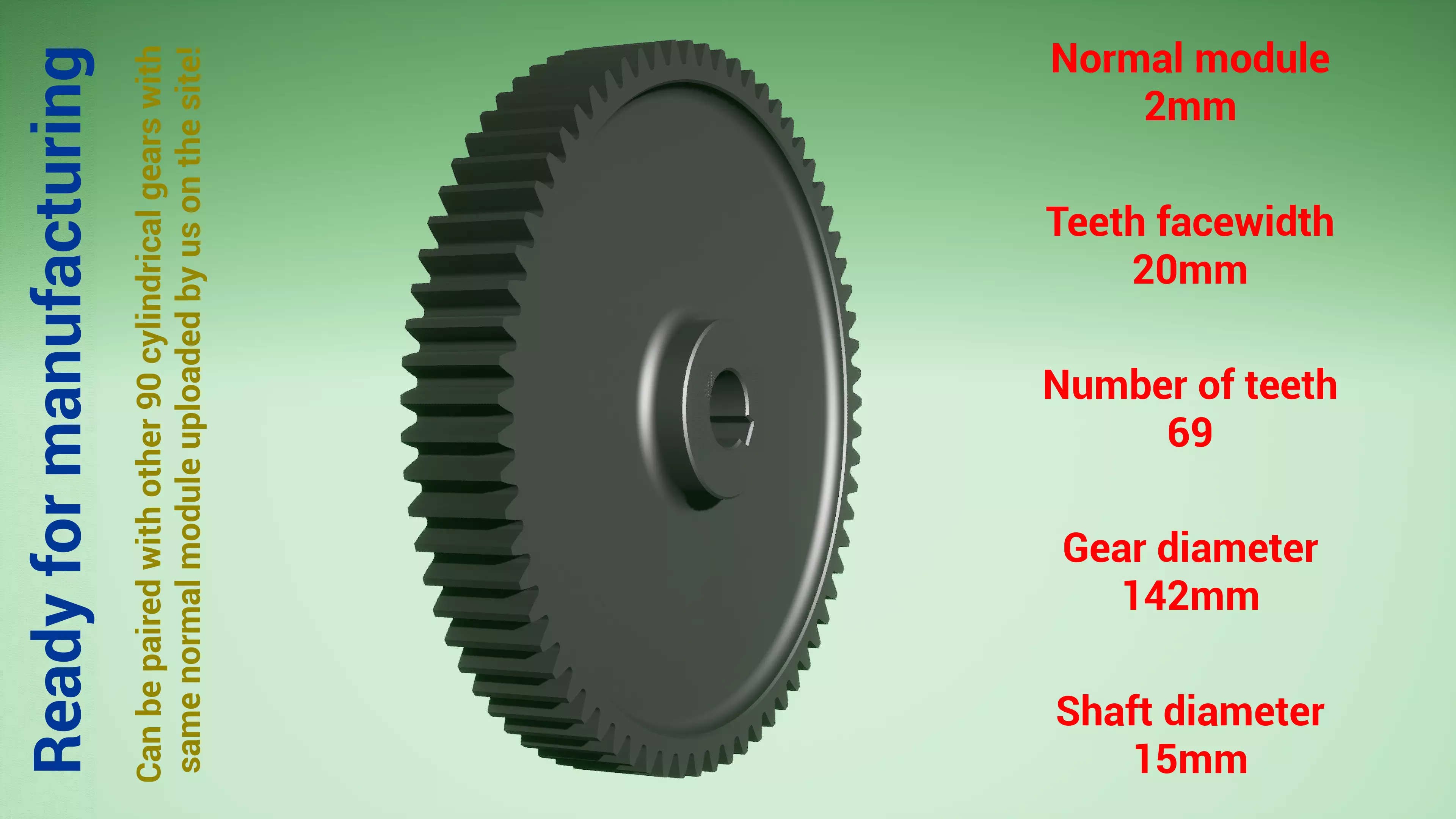 Cylindrical gear - paired - z69 m2 D142 d15 3D print model_0