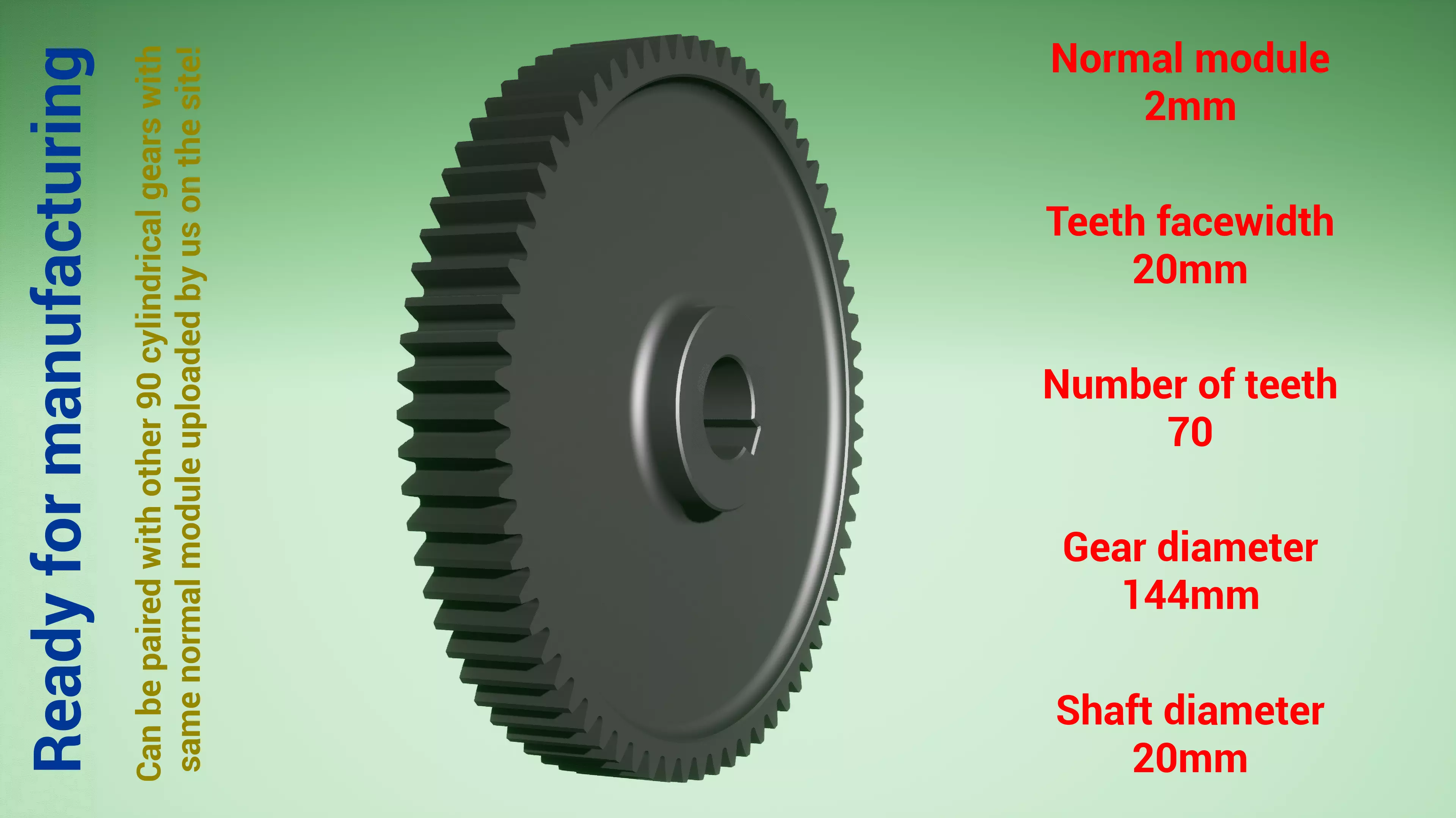 Cylindrical gear - paired - z70 m2 D144 d20 3D print model_0