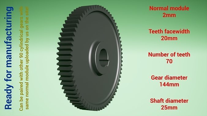 Cylindrical gear - paired - z70 m2 D144 d25 3D print model
