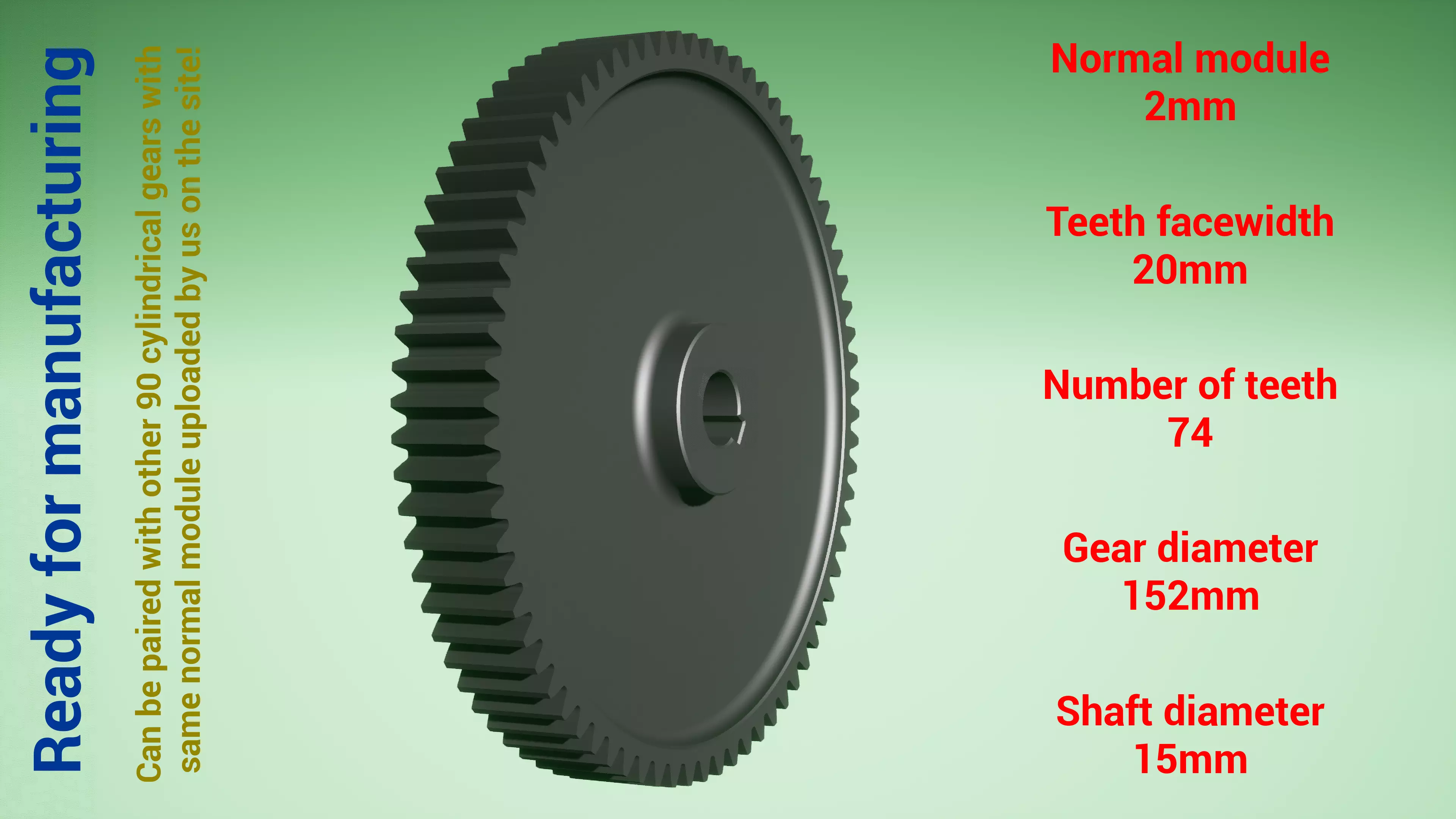 Cylindrical gear - paired - z74 m2 D152 d15 3D print model_0