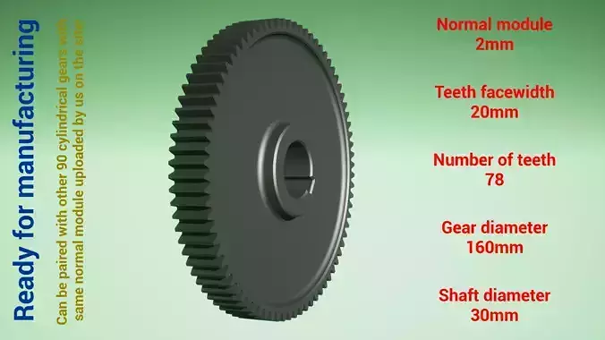 Cylindrical gear - paired - z78 m2 D160 d30 3D print model
