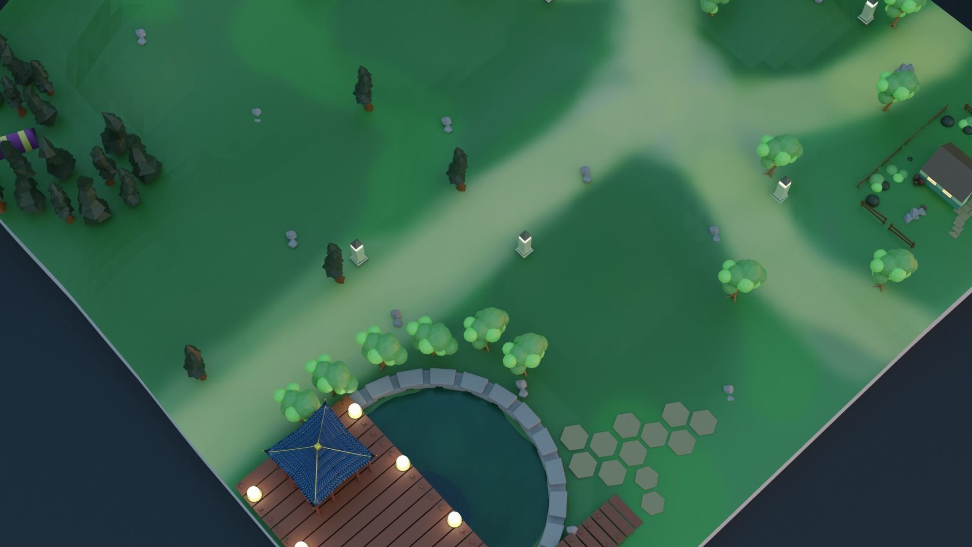 village forest with trees and tent Low-poly 3D model_3