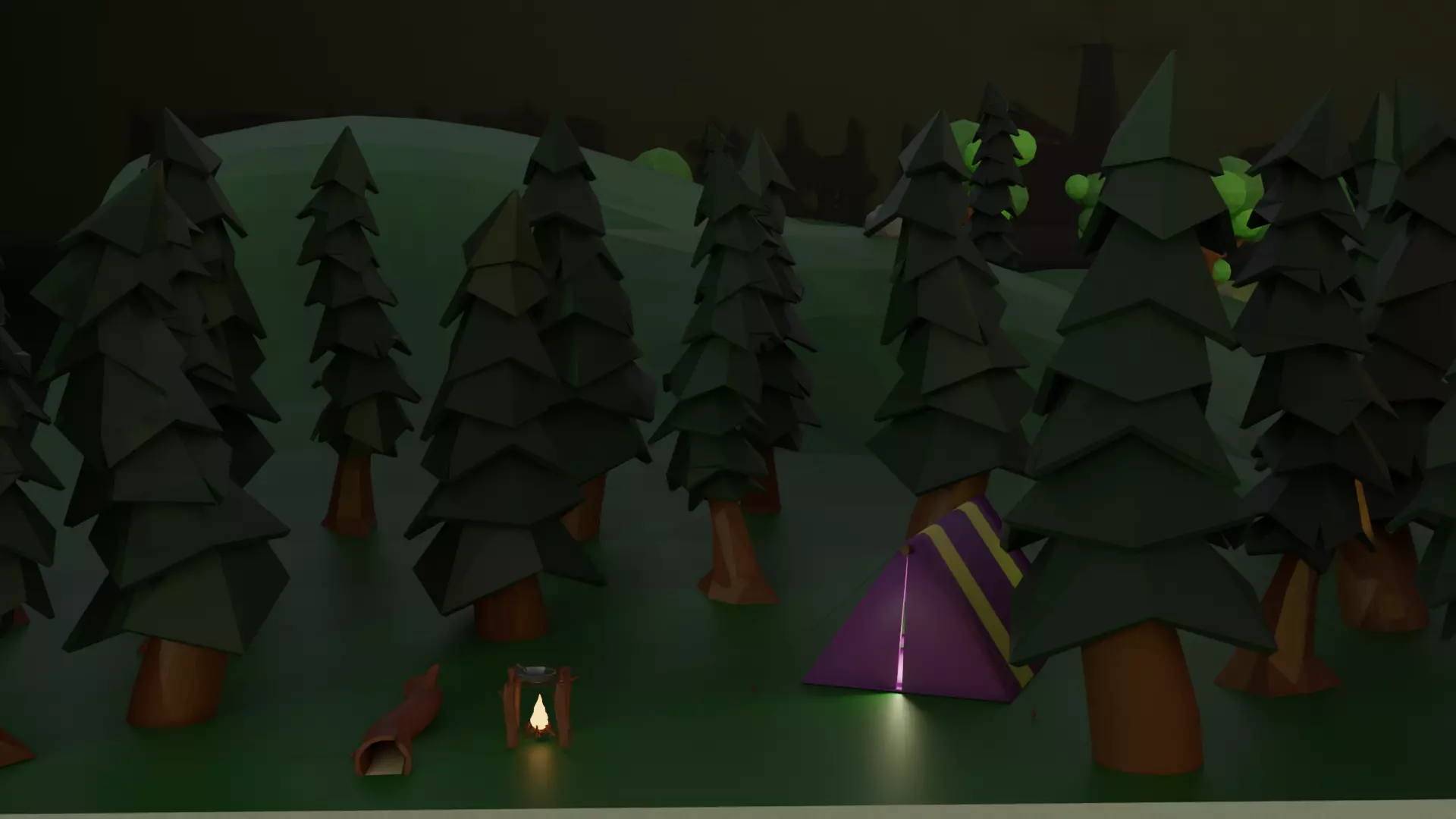 village forest with trees and tent Low-poly 3D model_0