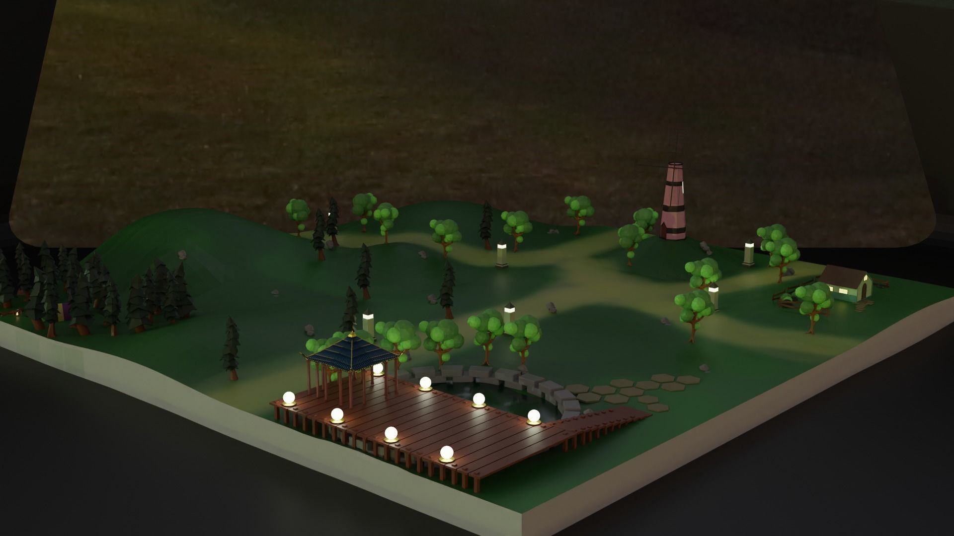 village forest with trees and tent Low-poly 3D model_2