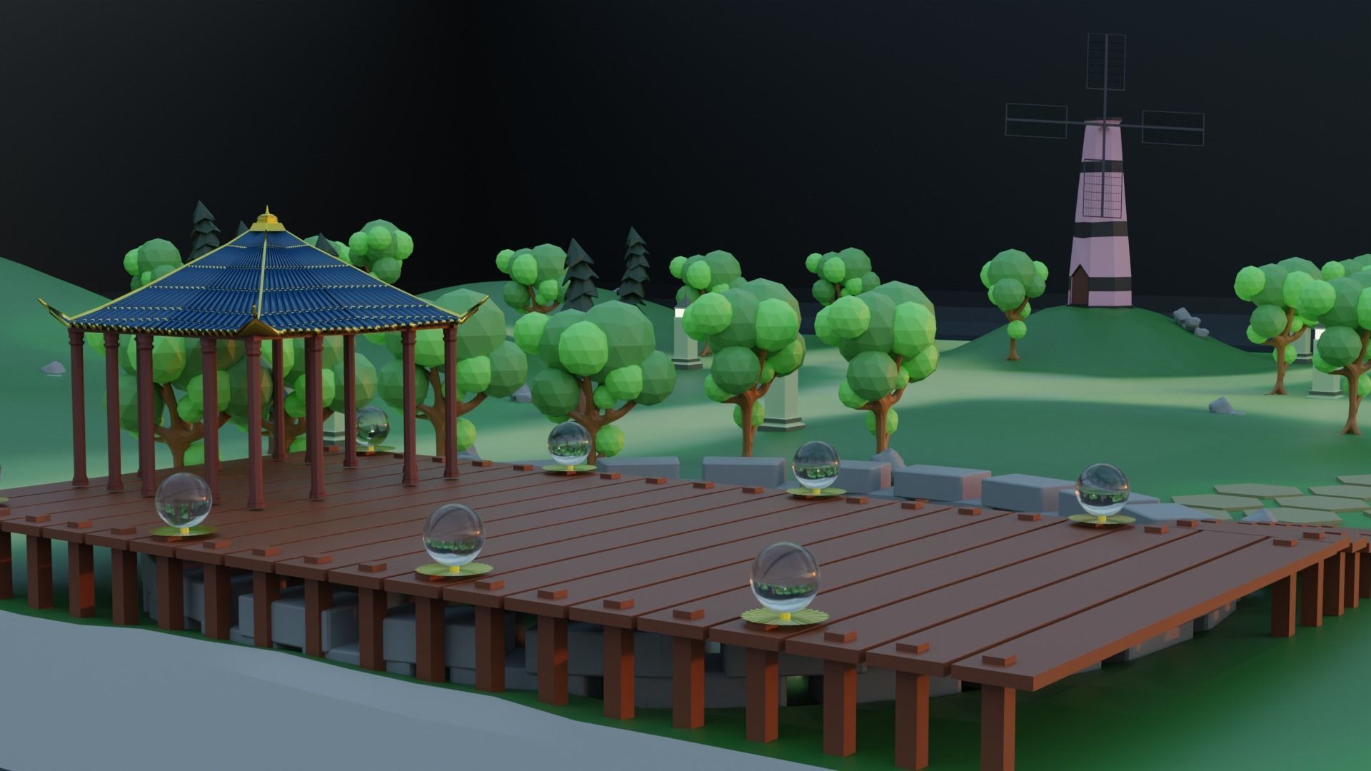 village forest with trees and tent Low-poly 3D model_1