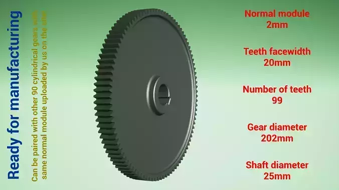 Cylindrical gear - paired - z99 m2 D202 d25 3D print model