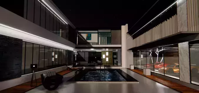 villa modern house with pool at night