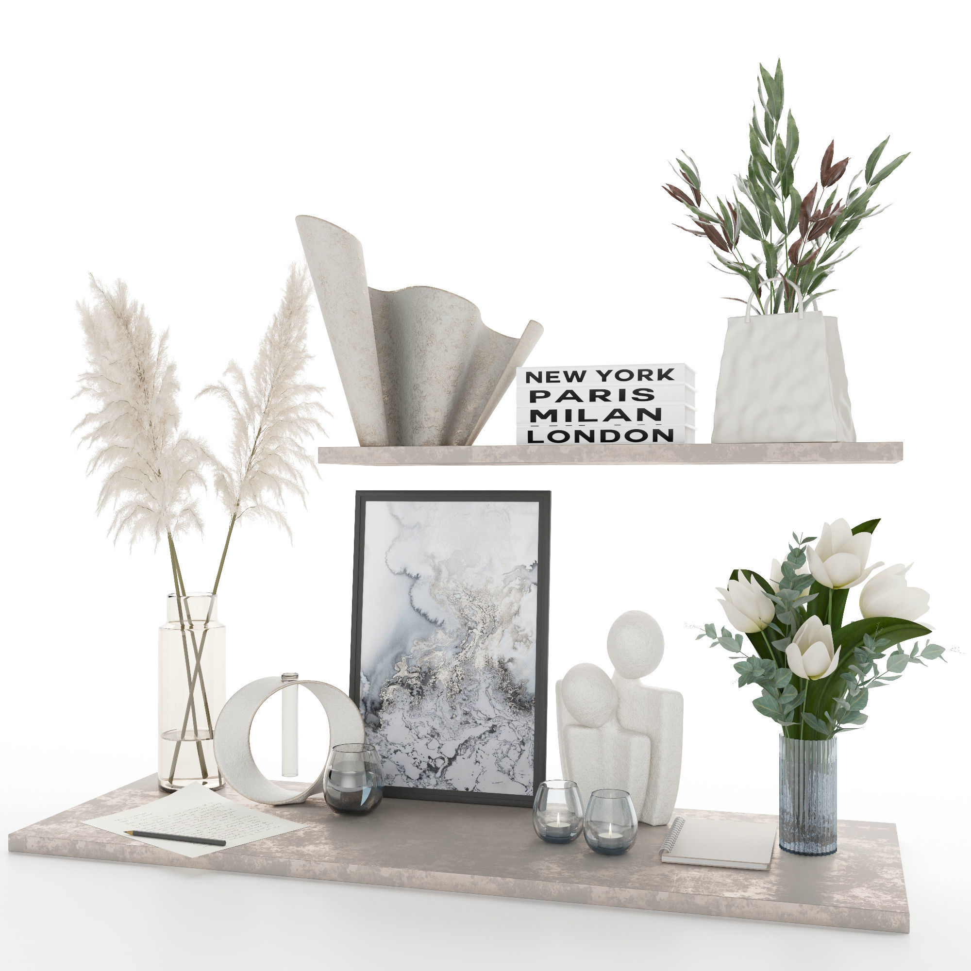 decor set vase of flowers and picture on shelf 3D model_7