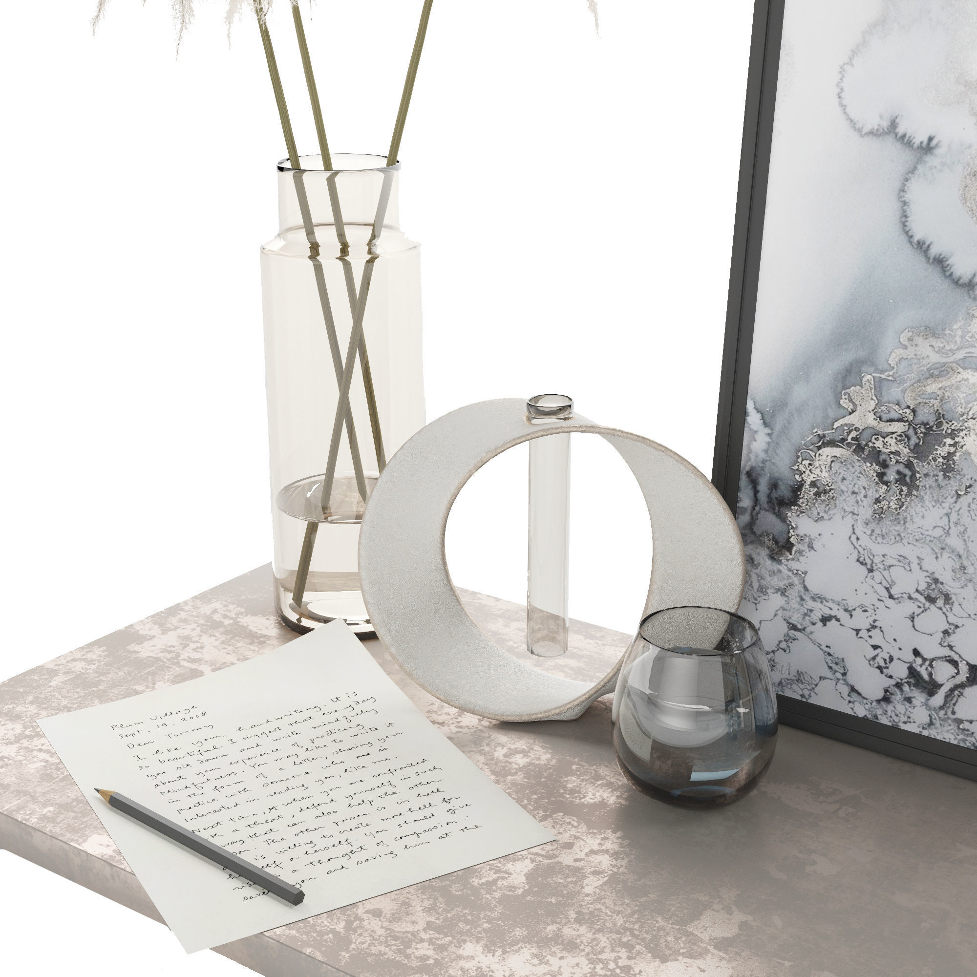 decor set vase of flowers and picture on shelf 3D model_4