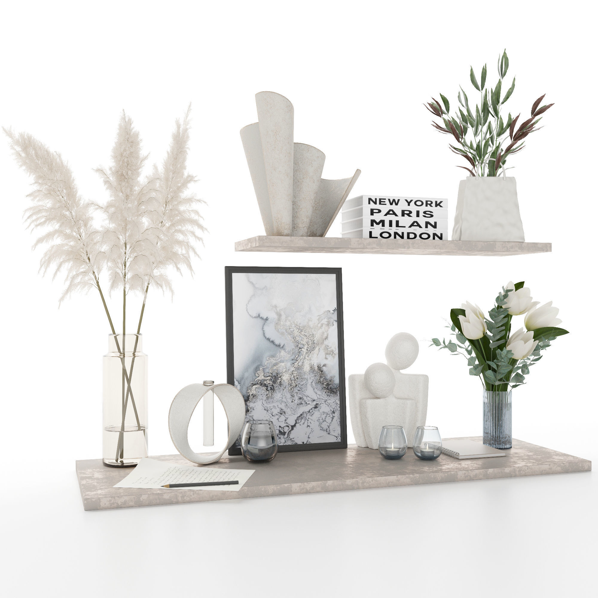 decor set vase of flowers and picture on shelf 3D model_6