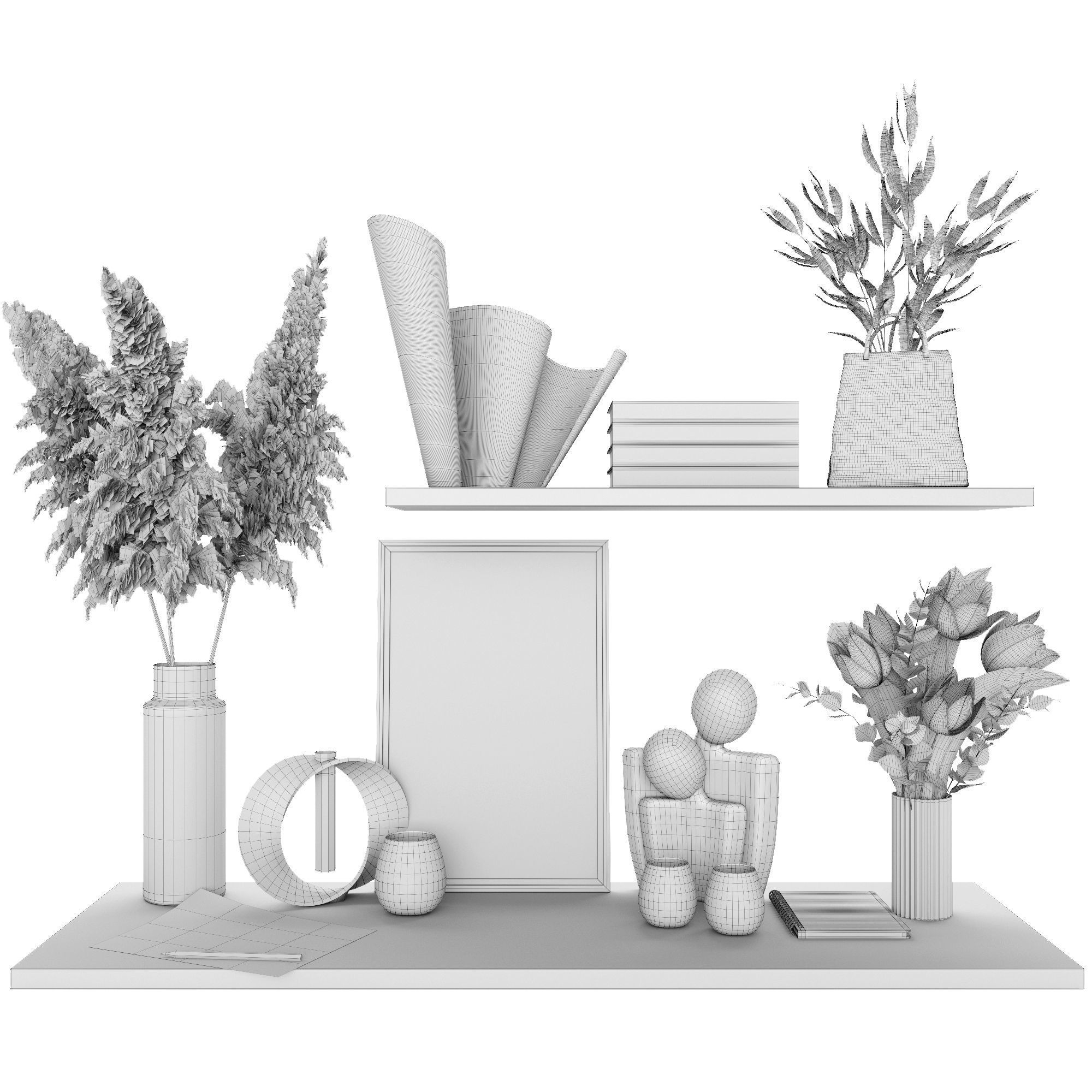 decor set vase of flowers and picture on shelf 3D model_8