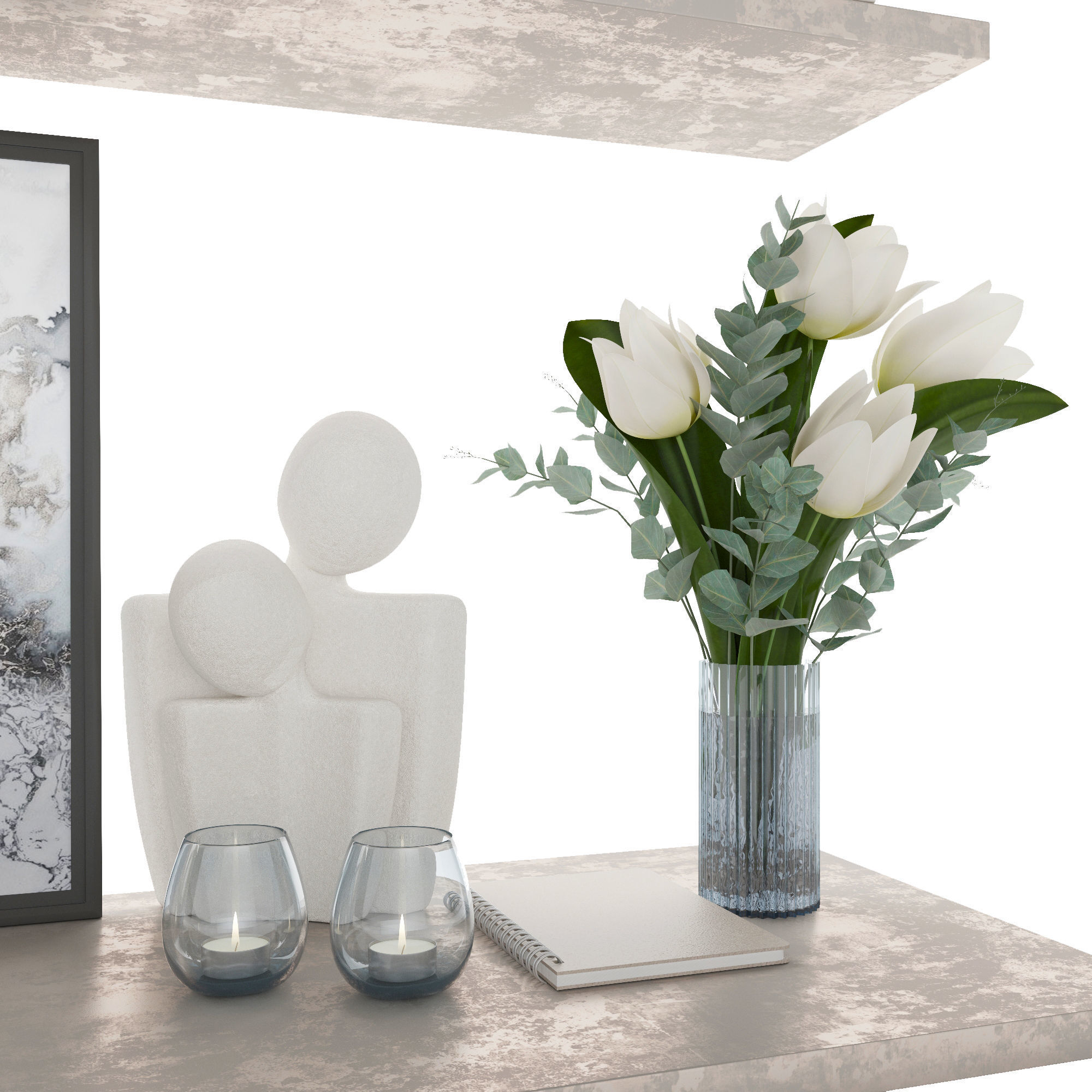 decor set vase of flowers and picture on shelf 3D model_2