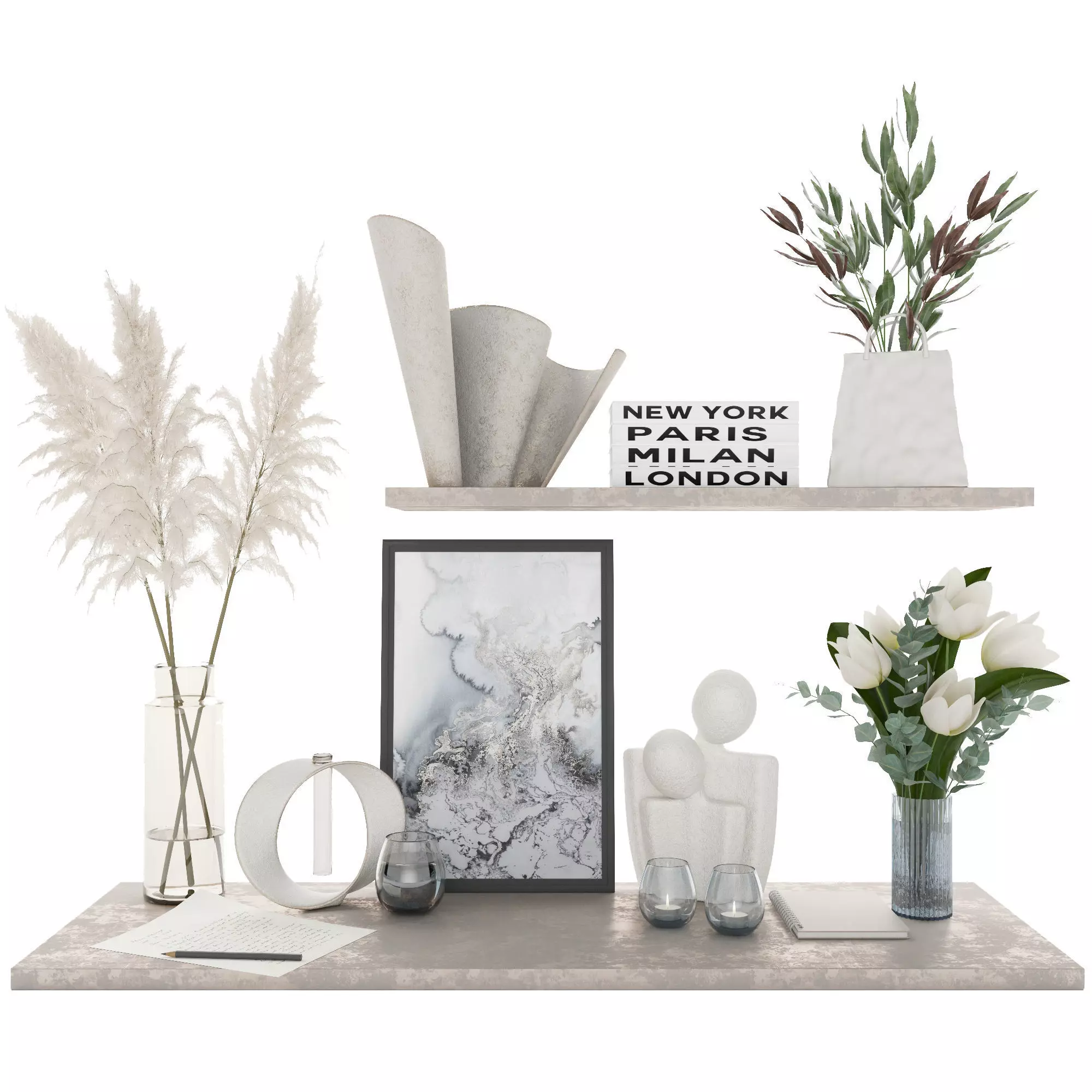 decor set vase of flowers and picture on shelf 3D model_0
