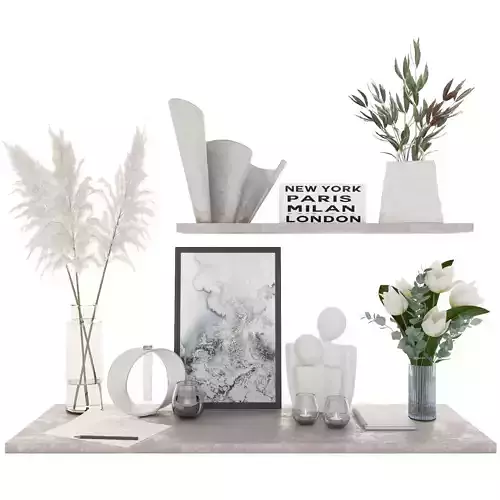 decor set vase of flowers and picture on shelf 3D model