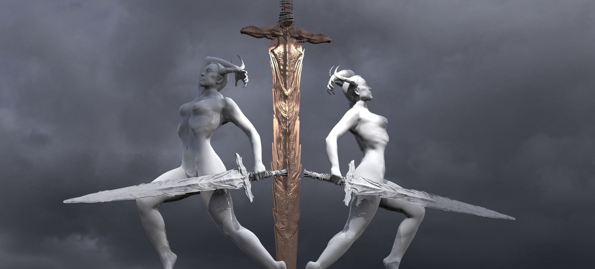 Lady of the lake baroque statues 3D model_1