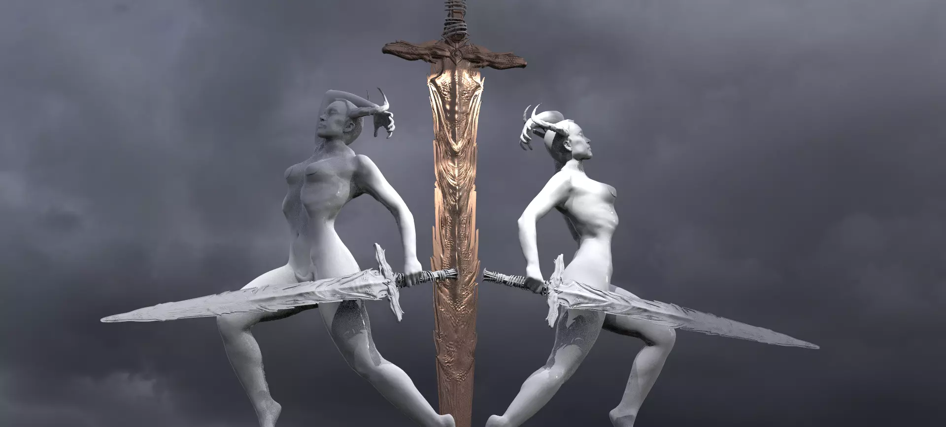 Lady of the lake baroque statues 3D model_0