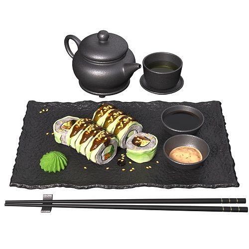 Sushi Rolls and Tea - Japanese food set 3D model