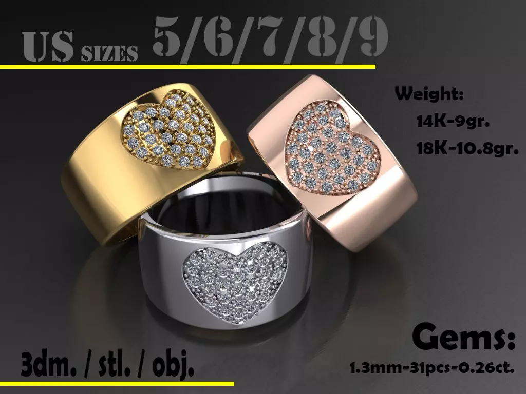 Ring Big Heart 026ct 3D print model