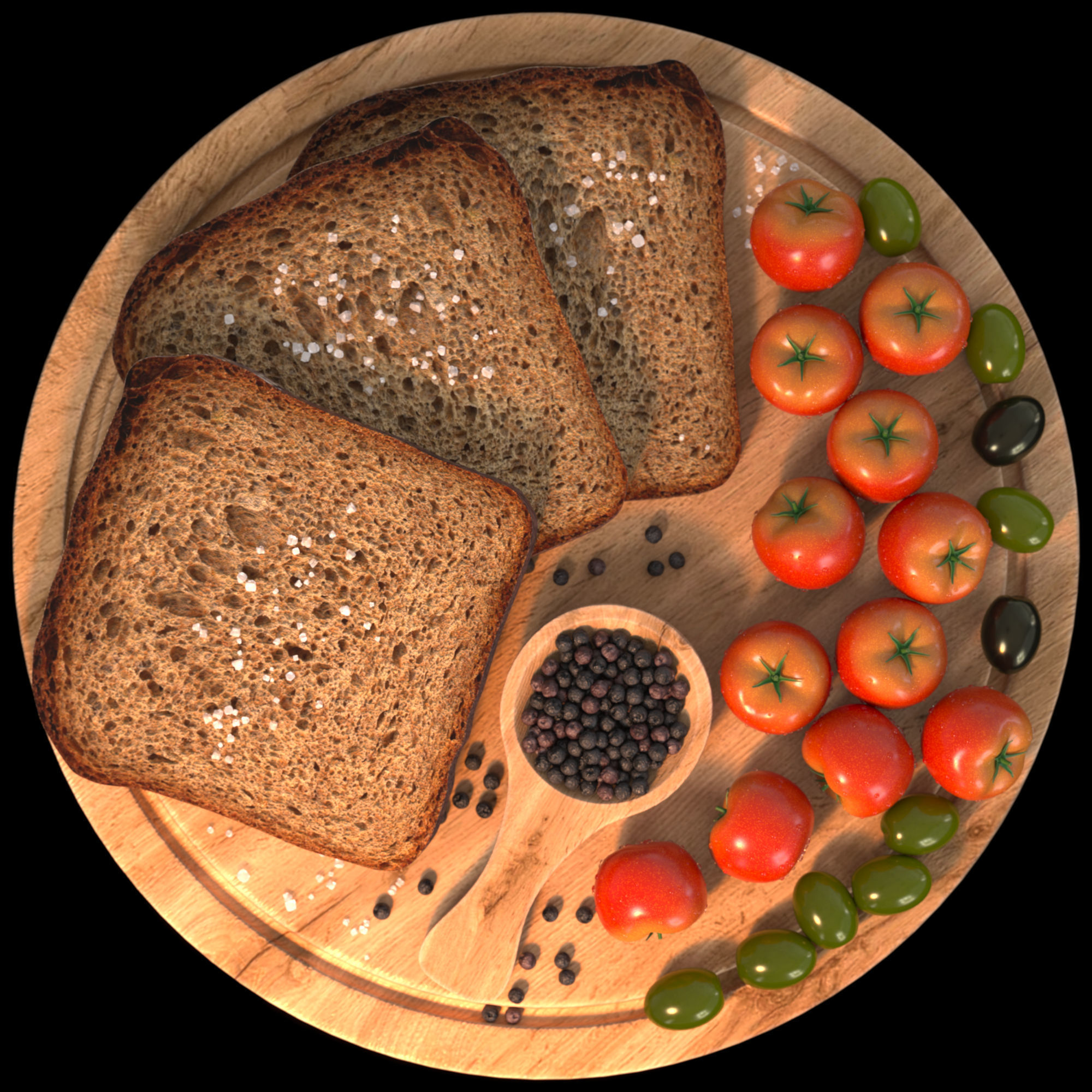 Bread tomatoes and olives set 3D model_1