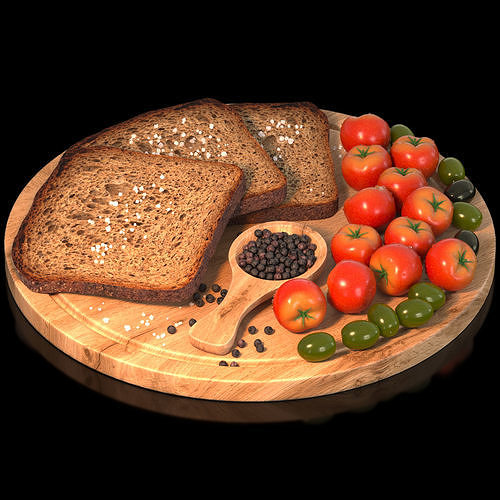 Bread tomatoes and olives set 3D model