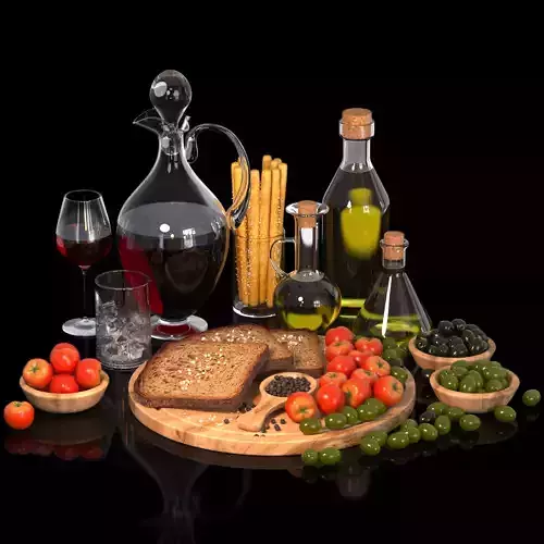 Olives bread tomatos and wine - food set
