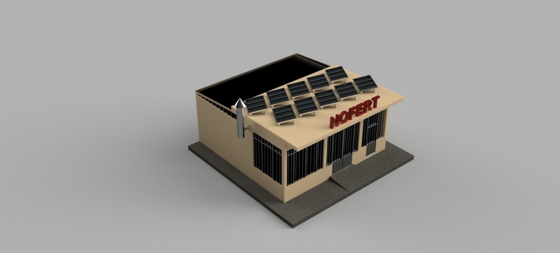 Factory building with solar panels on roof 3D model_2