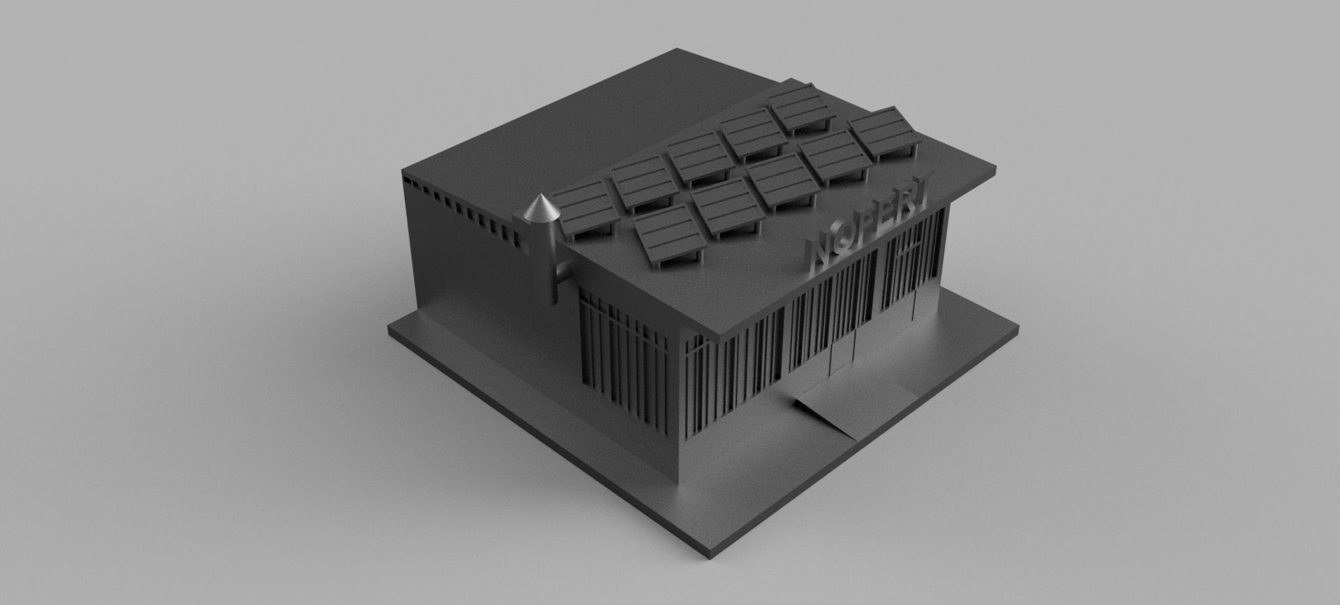 Factory building with solar panels on roof 3D model_7