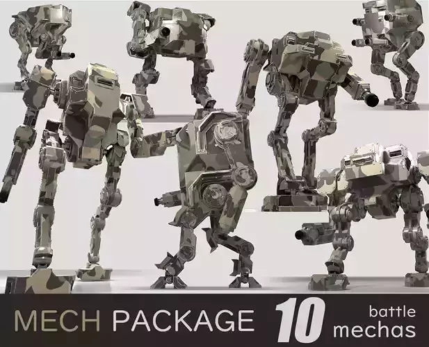 Package of 10 Battle Mechas Low-poly 3D model