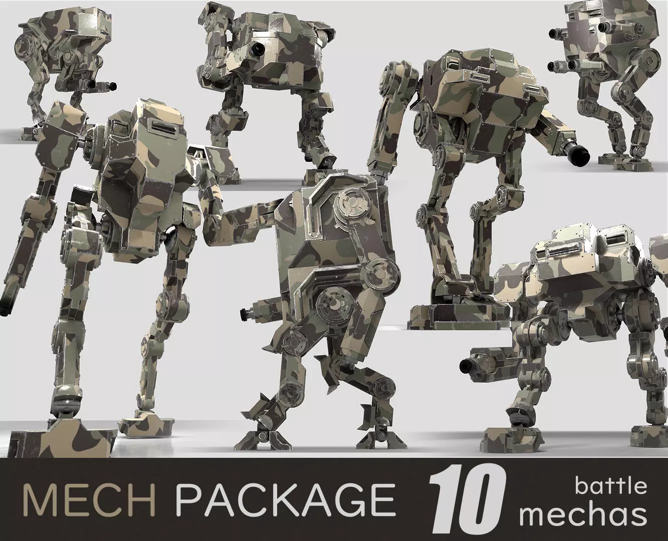 Package of 10 Battle Mechas Low-poly 3D model_0
