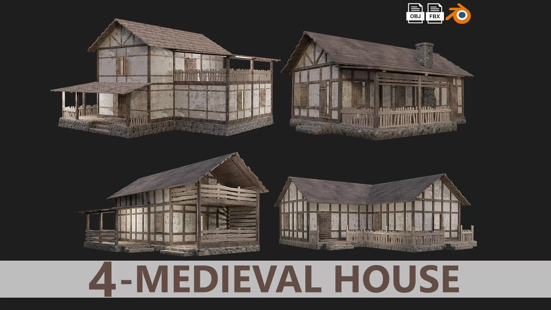 Medieval Old House 4K GameReady Pack 01 to 04 Low-poly 3D model