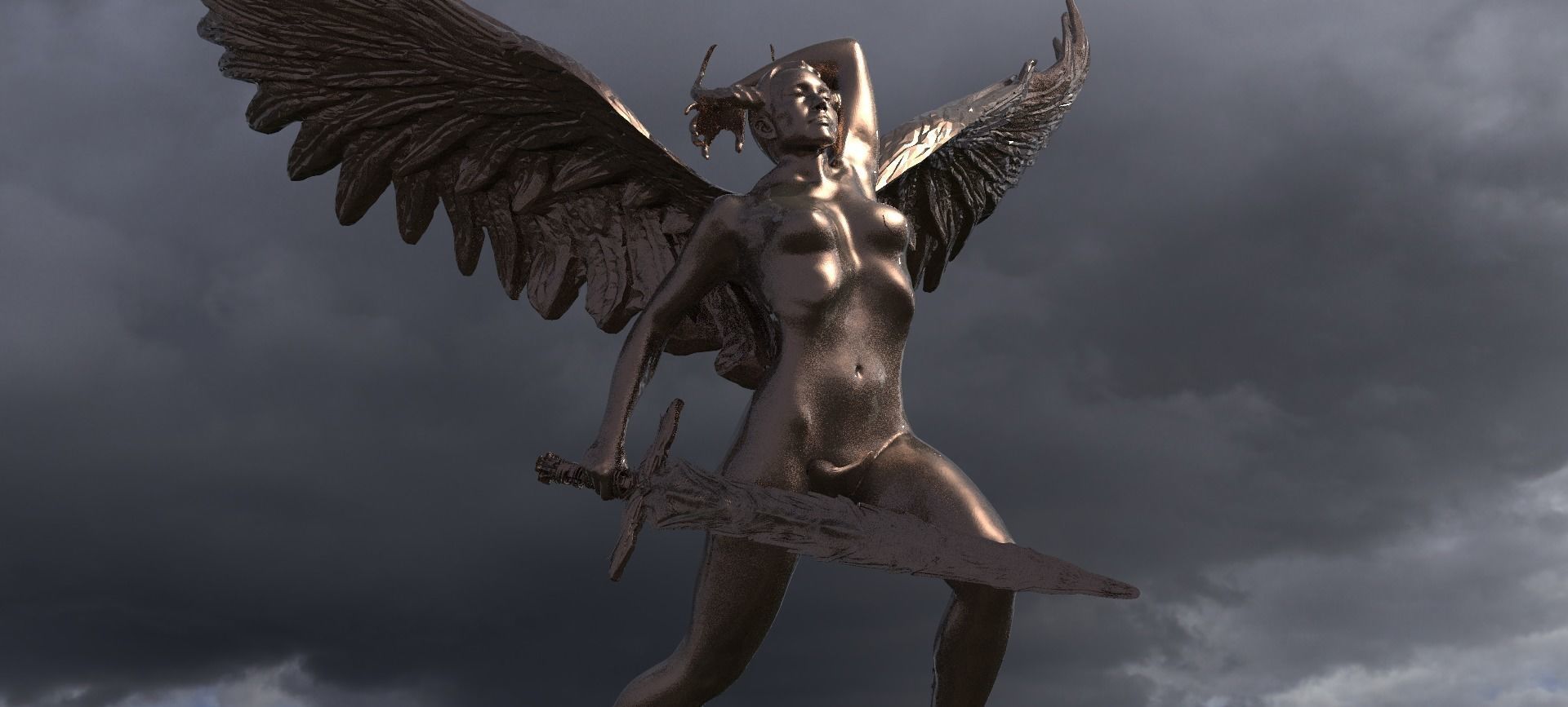 Lady of the lake baroque statue winged 3D model_1
