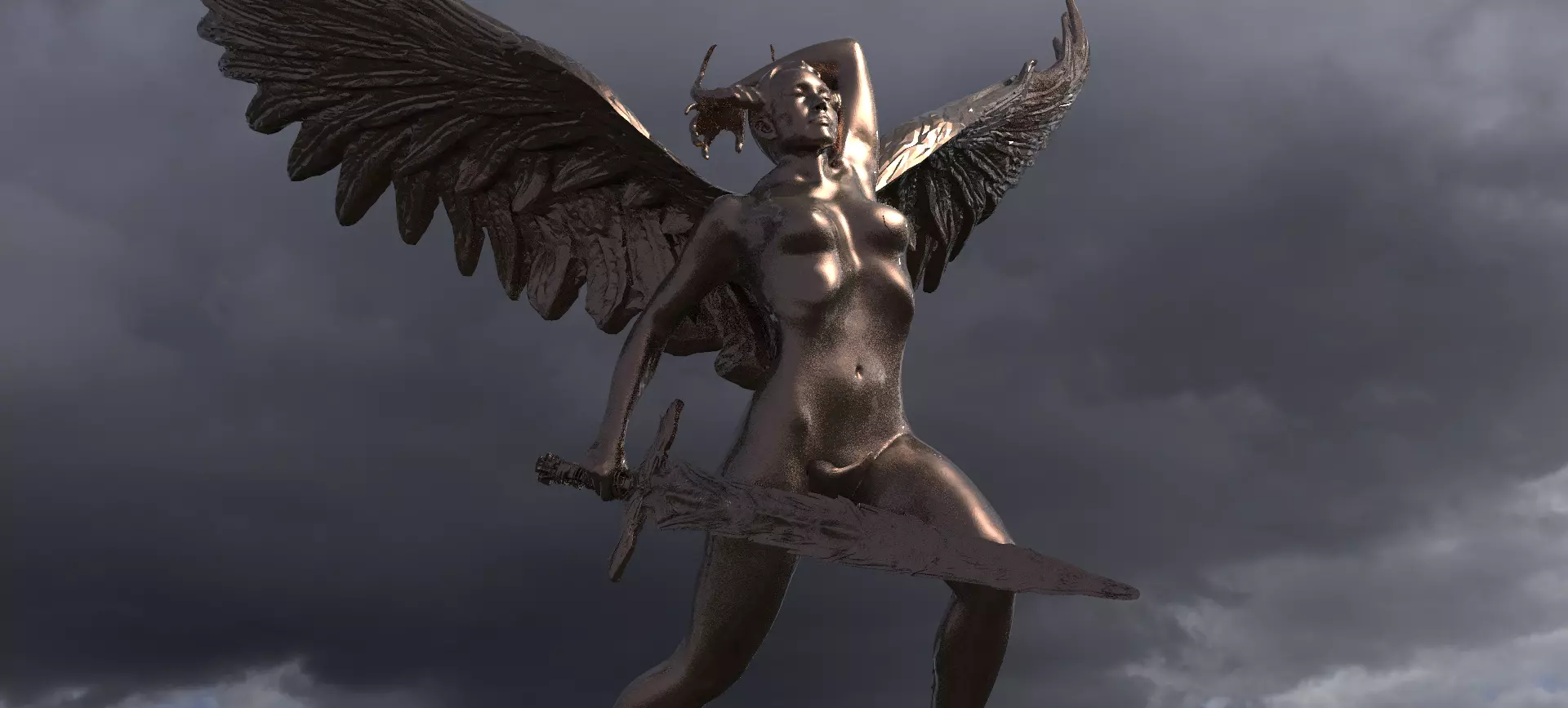 Lady of the lake baroque statue winged 3D model_0