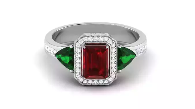 Three Stone Engagement Wedding Emerald Ruby Ring 3D print model