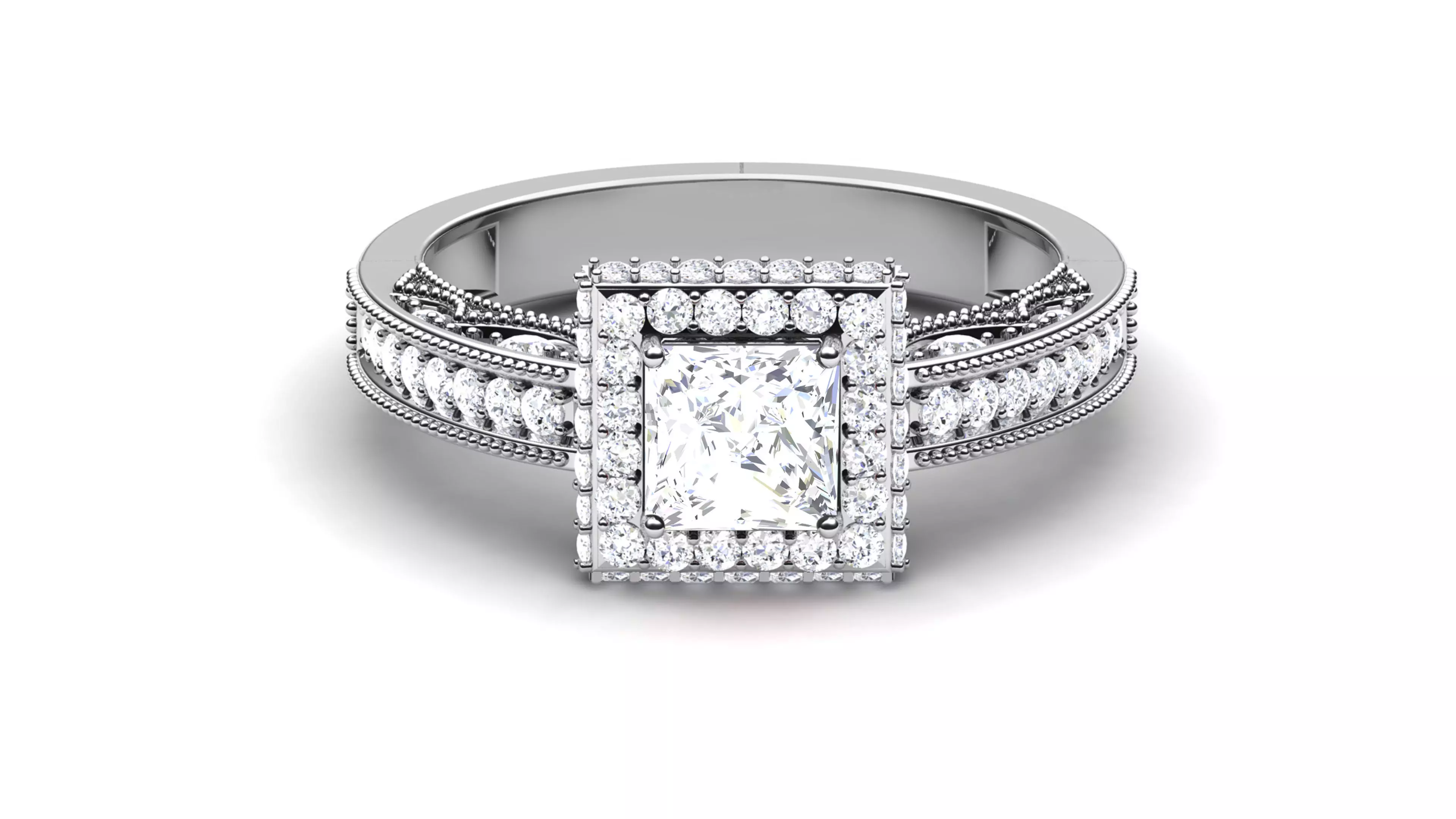 Princess Stone Bridal Halo Ring 3dm STL OBJ FBX Render Details 3D print model