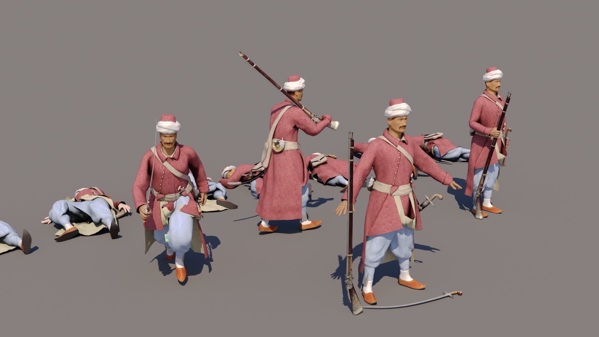 Janissary indian soldier holding sword Low-poly 3D model_2