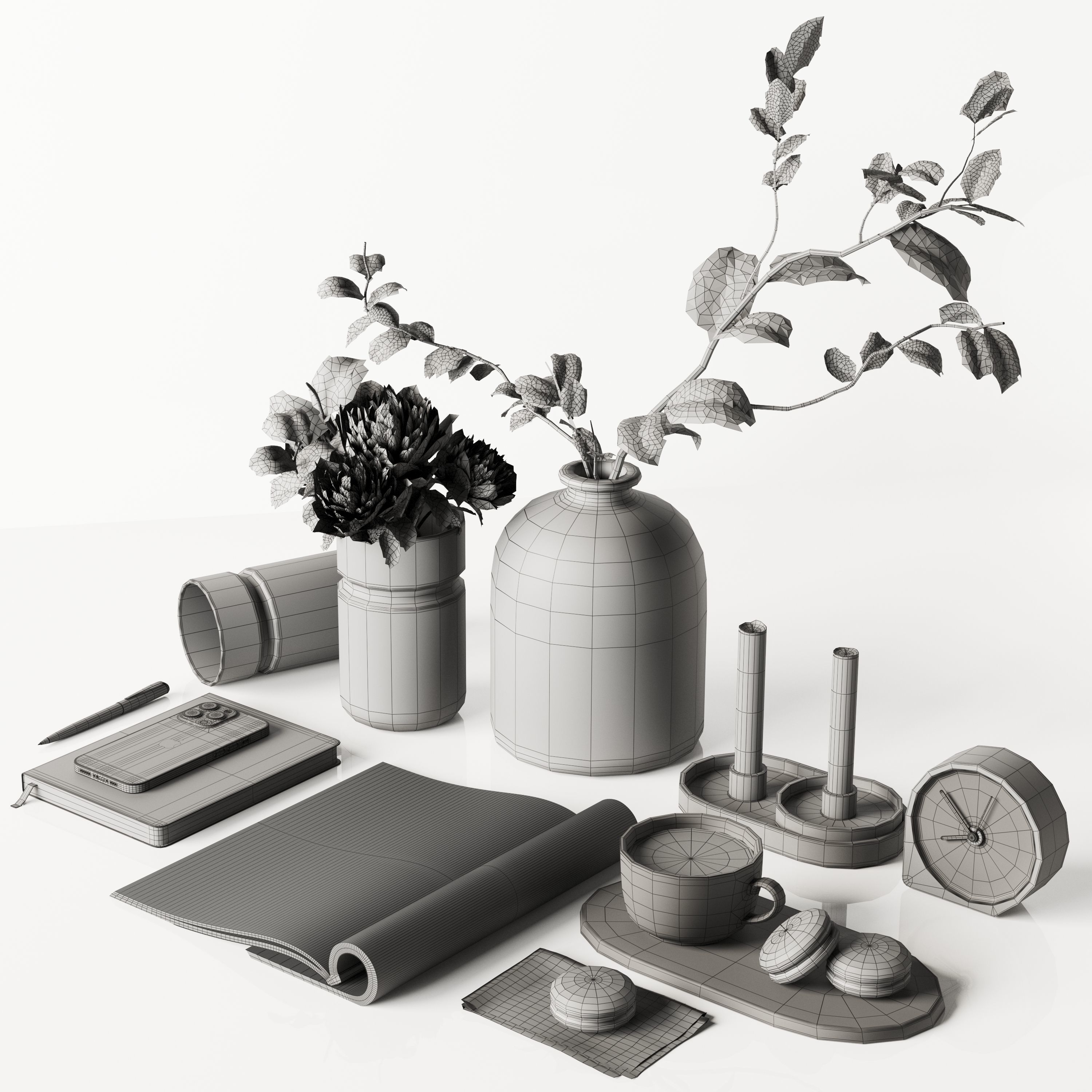 Decorative set vases with flowers and plants 3D model_4