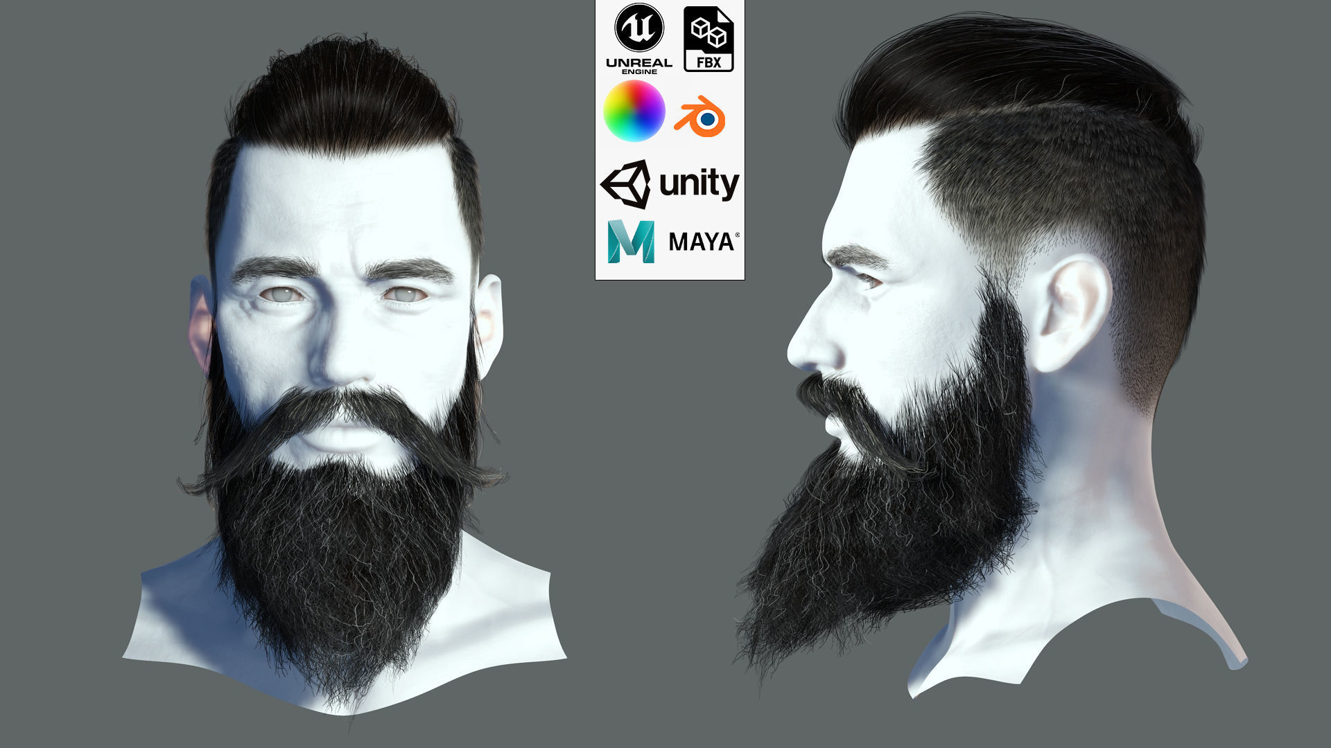 Realistic Hair Beard brows mustache p3 Low-poly 3D model_2