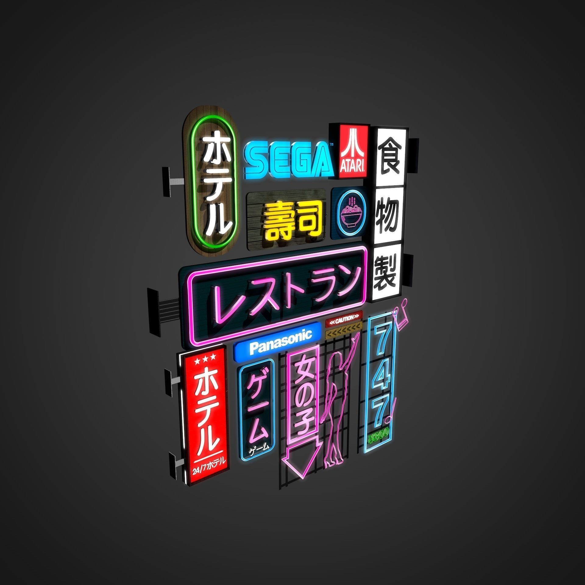 14 Sci-Fi Neon Signs Cyberpunk Collection Pack Vol 1 Low-poly 3D model_5