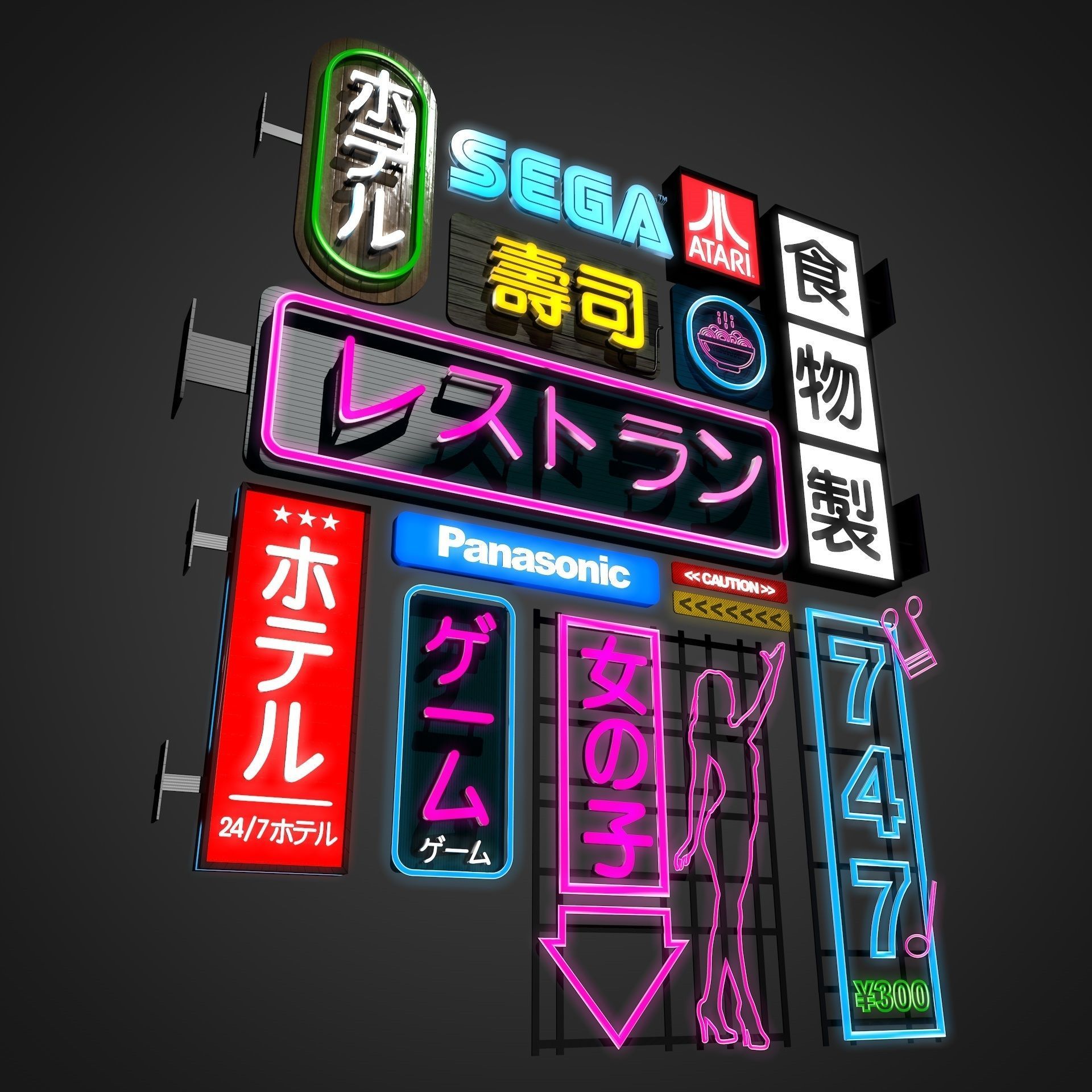 14 Sci-Fi Neon Signs Cyberpunk Collection Pack Vol 1 Low-poly 3D model_4