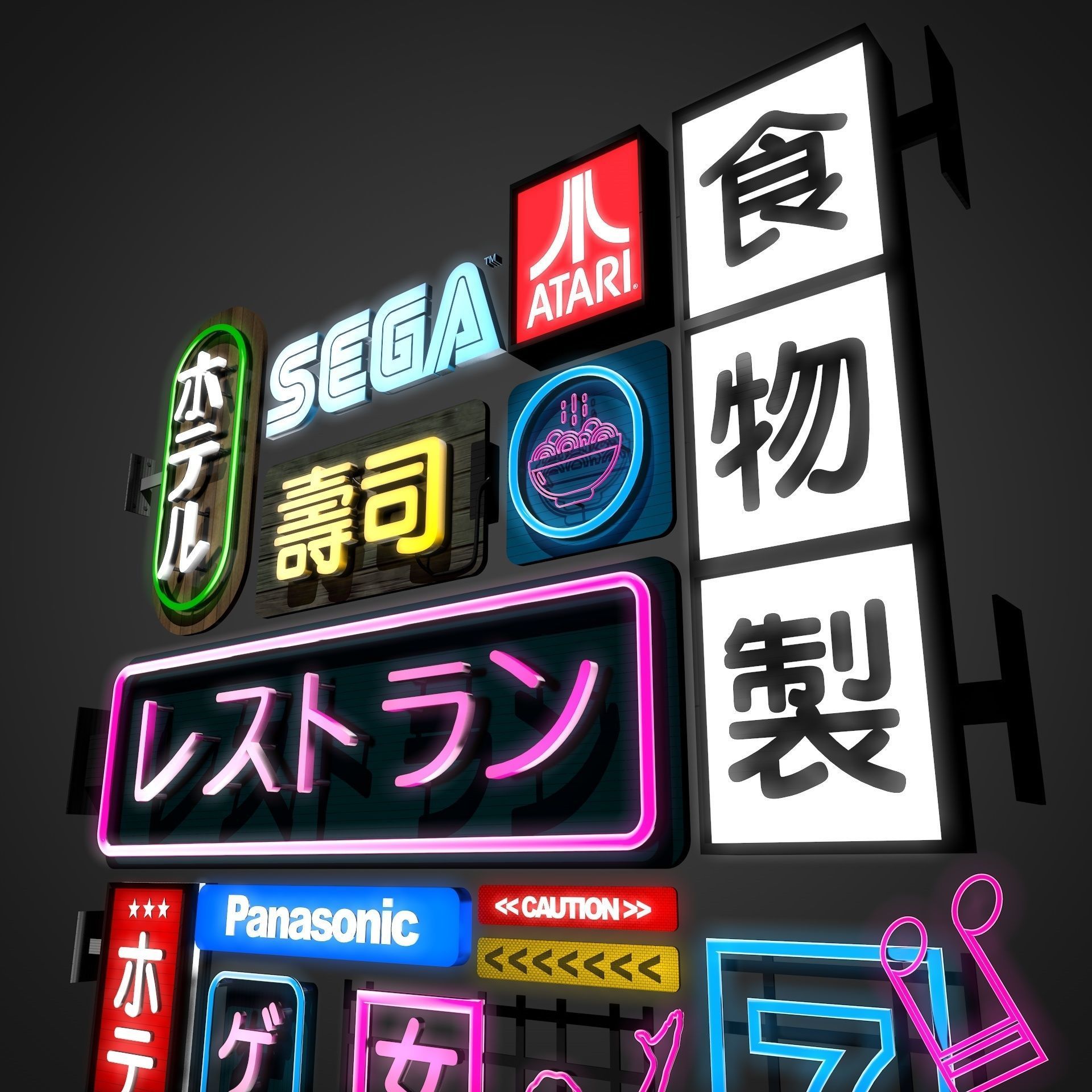 14 Sci-Fi Neon Signs Cyberpunk Collection Pack Vol 1 Low-poly 3D model_6