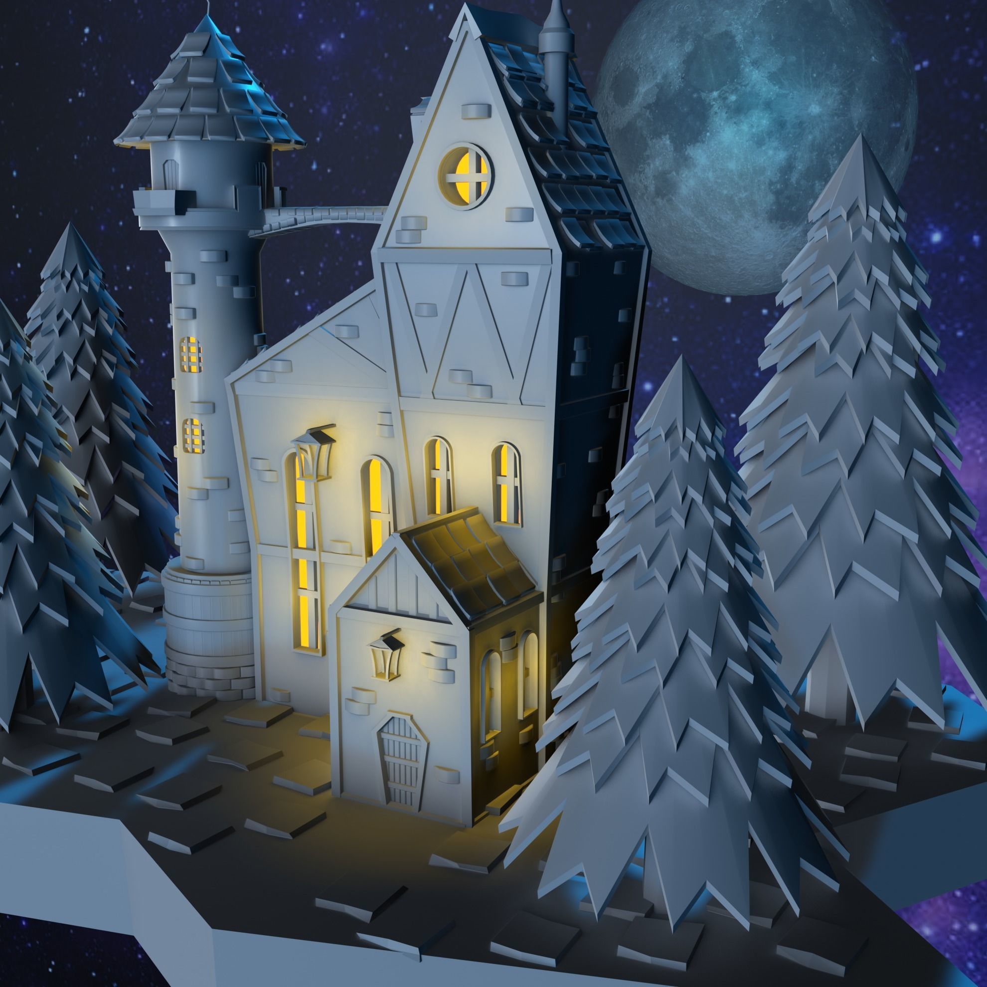 House on a floating island 3D model Blender low-poly Low-poly 3D model_2