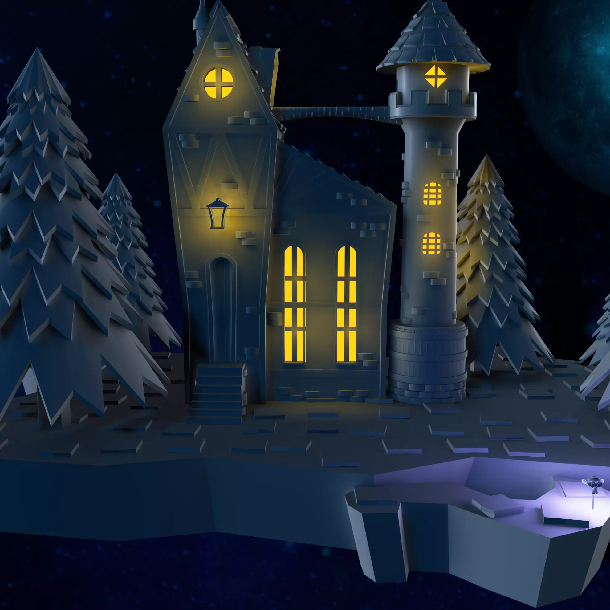 House on a floating island 3D model Blender low-poly Low-poly 3D model_0