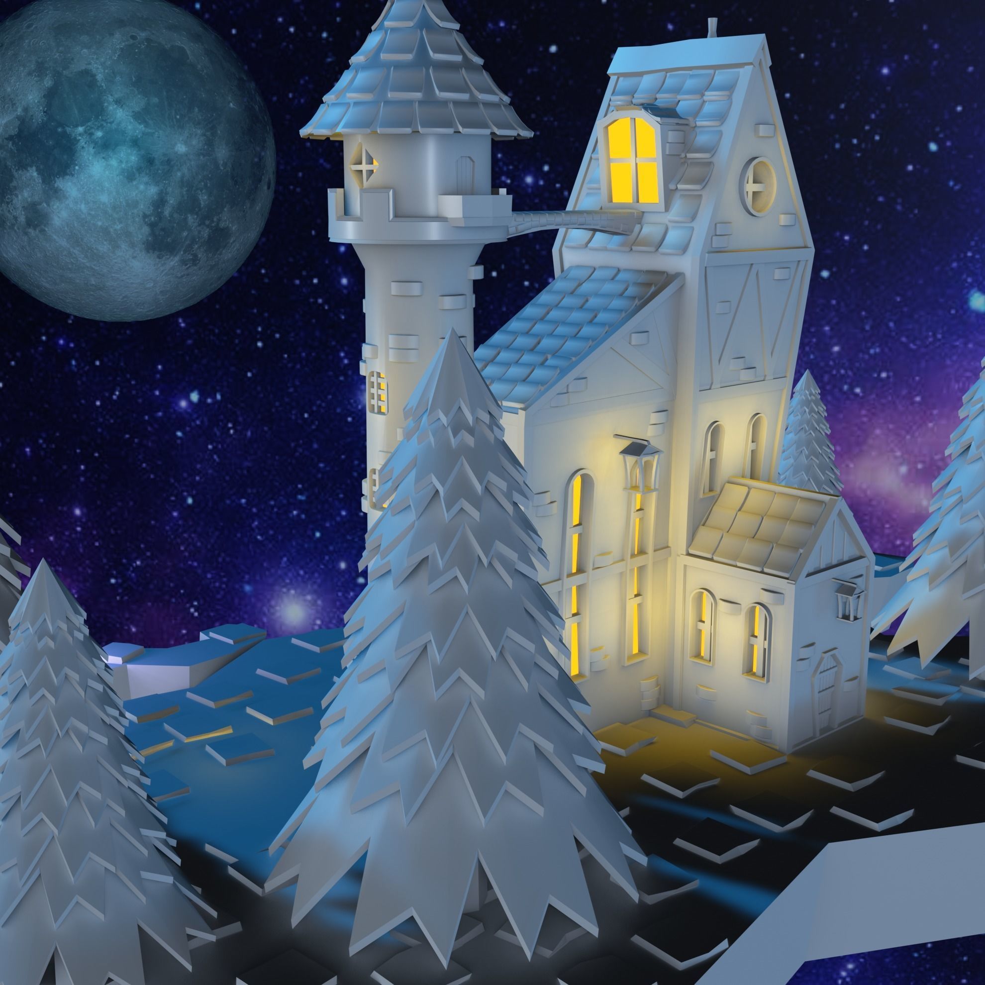 House on a floating island 3D model Blender low-poly Low-poly 3D model_3