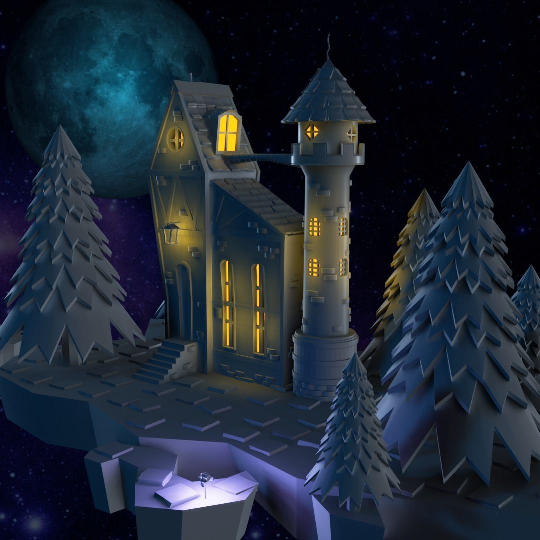 House on a floating island 3D model Blender low-poly Low-poly 3D model_1