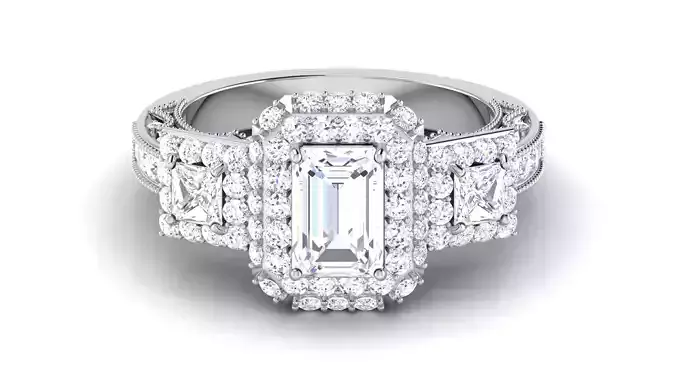 Solitaire Engagement Wedding Double Halo Emerald Bridal Rings 3D print model