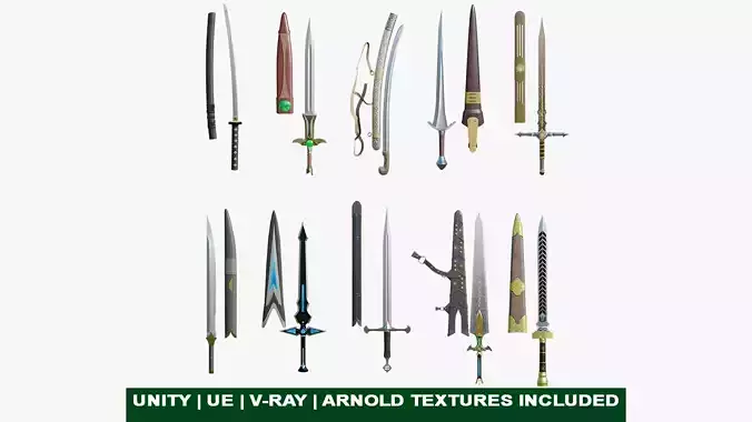 10 Swords Collection PBR Unity UE Arnold V-Ray Textures Included 