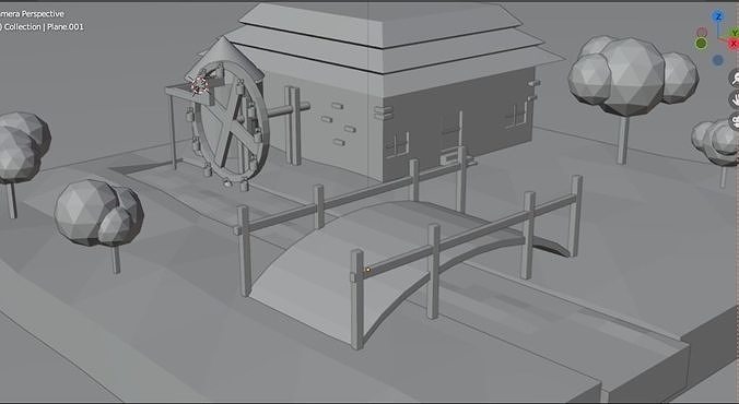 land and house and water wheel Low-poly 3D model