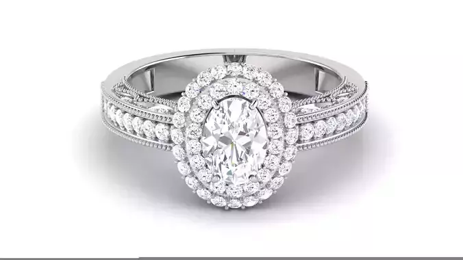 Solitaire Engagement Wedding Oval Stone Bridal Double Halo Rings 3D print model