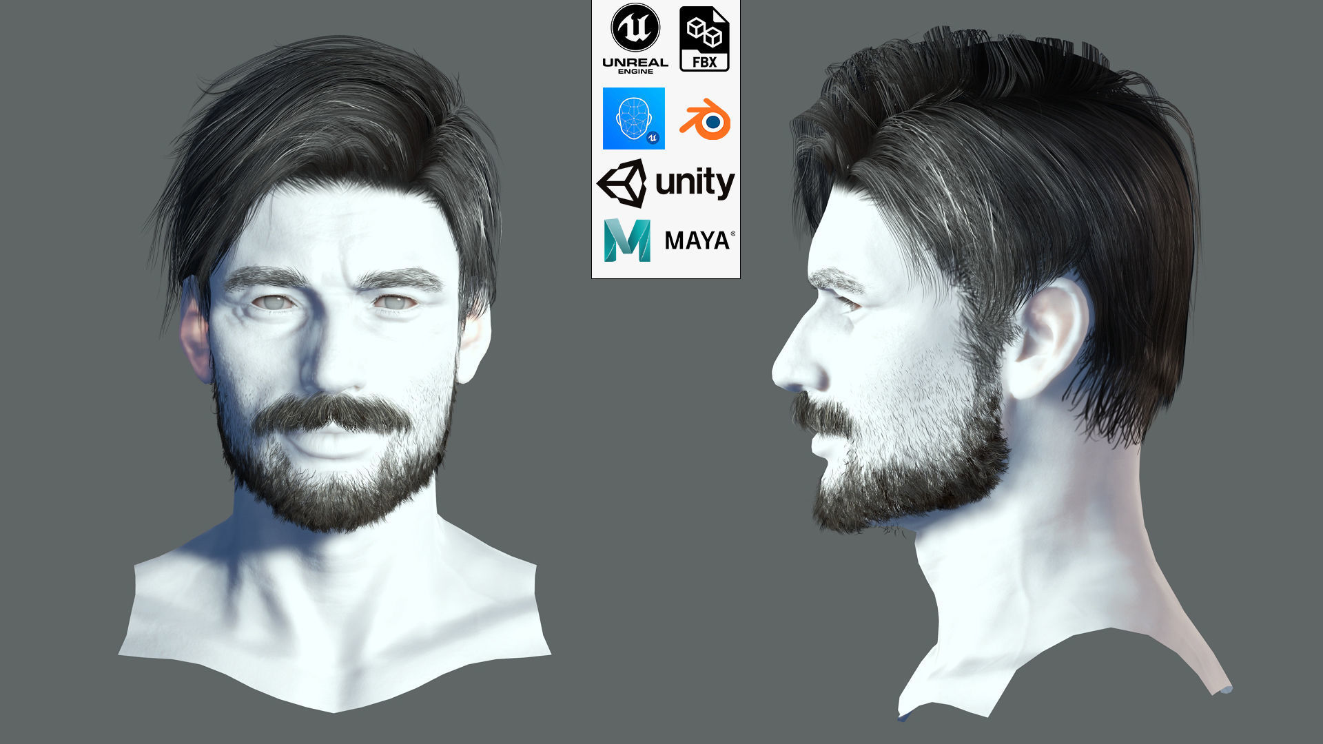 Realistic Hair Beard brows mustache p6 Low-poly 3D model_2