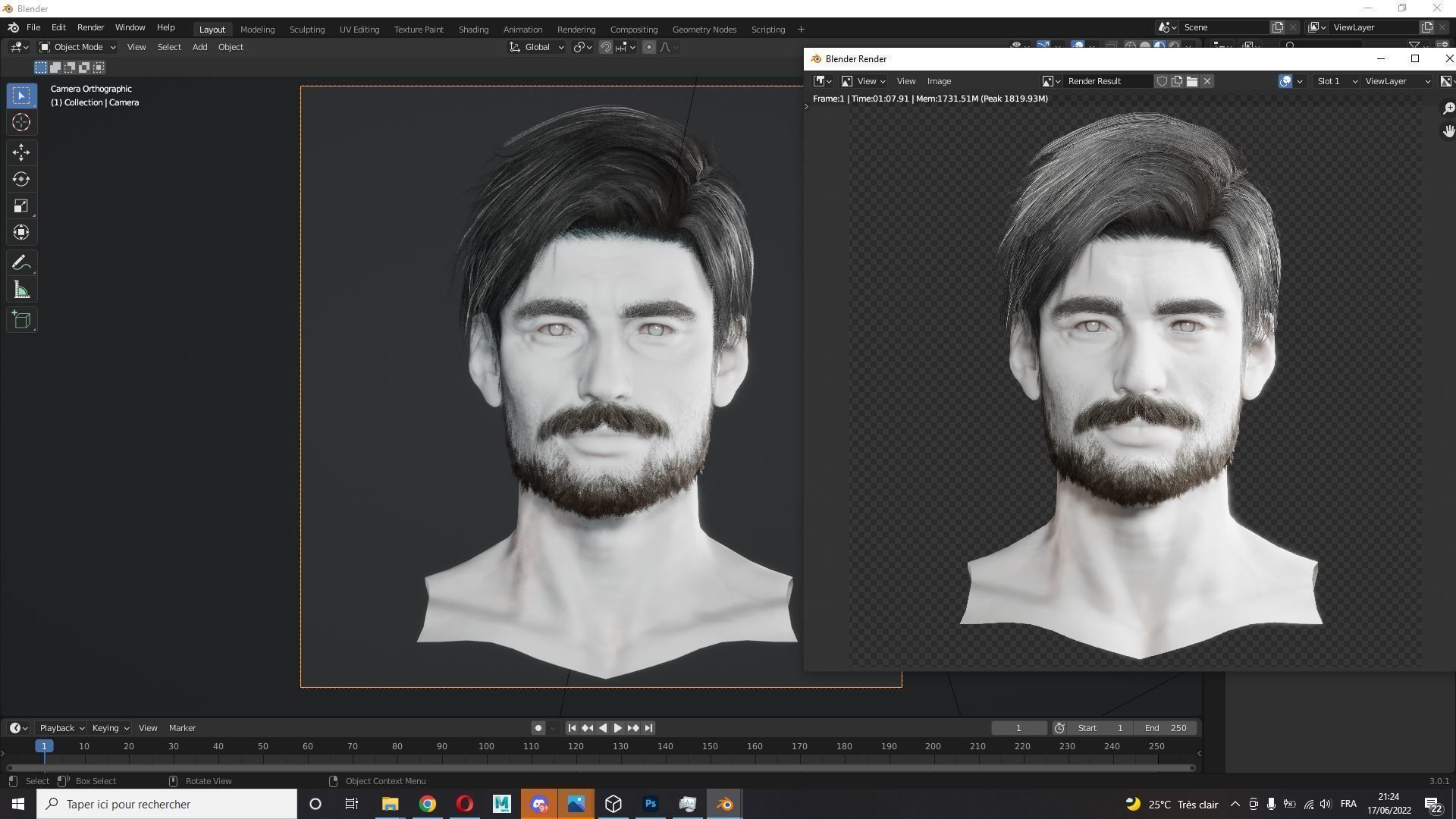 Realistic Hair Beard brows mustache p6 Low-poly 3D model_9